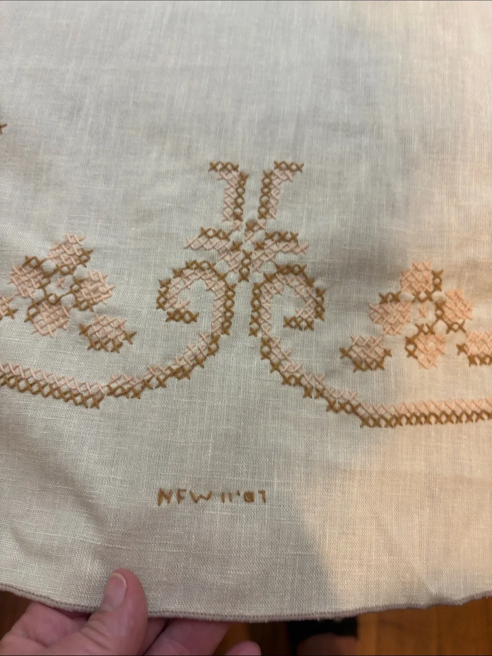 Handmade Oval Cream Cross-stitch Tablecloth with Tan Scrolls